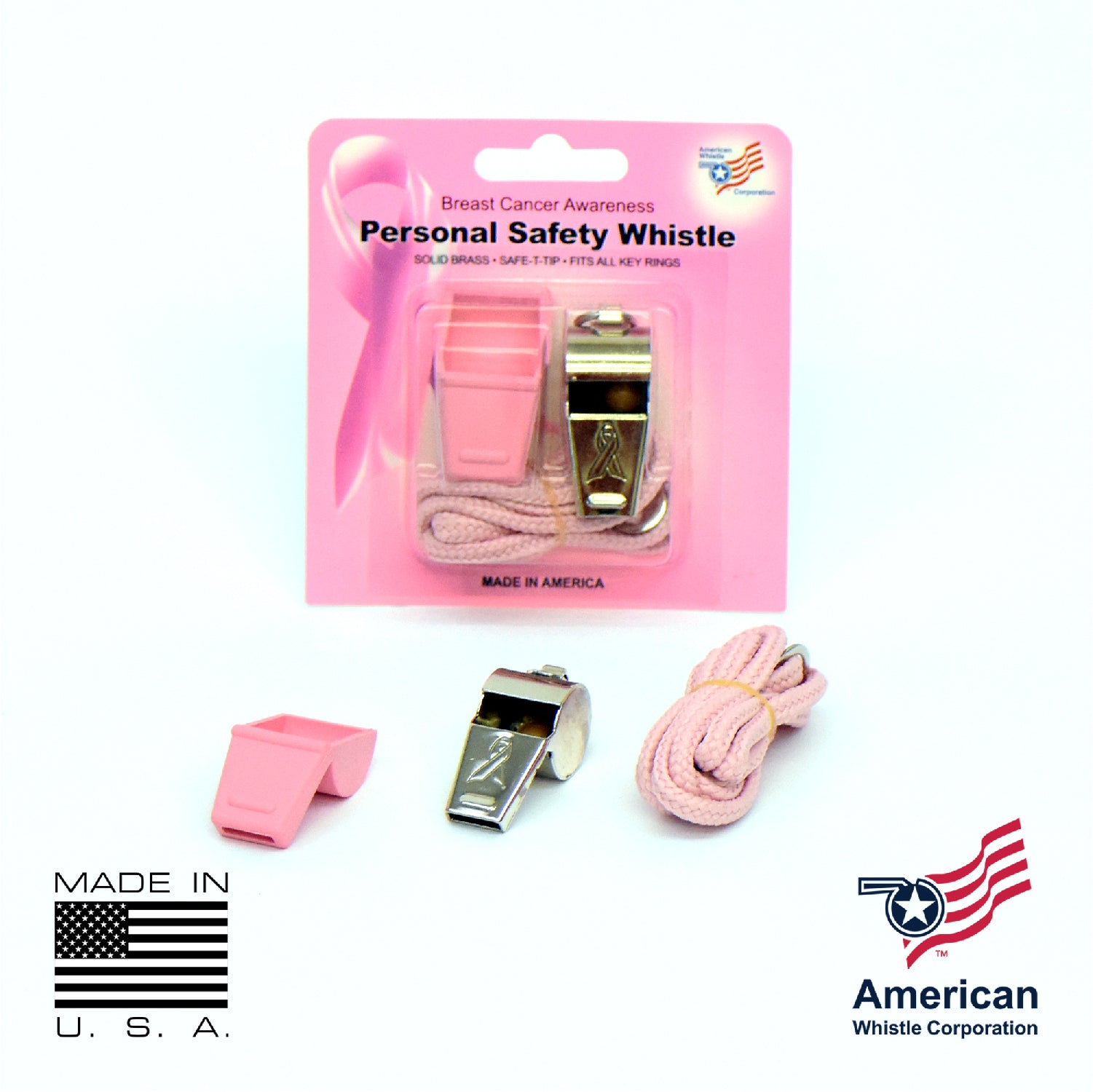Pink Safety Whistle 3 Pack USA Made - Brass 126dB Breast Cancer Awareness